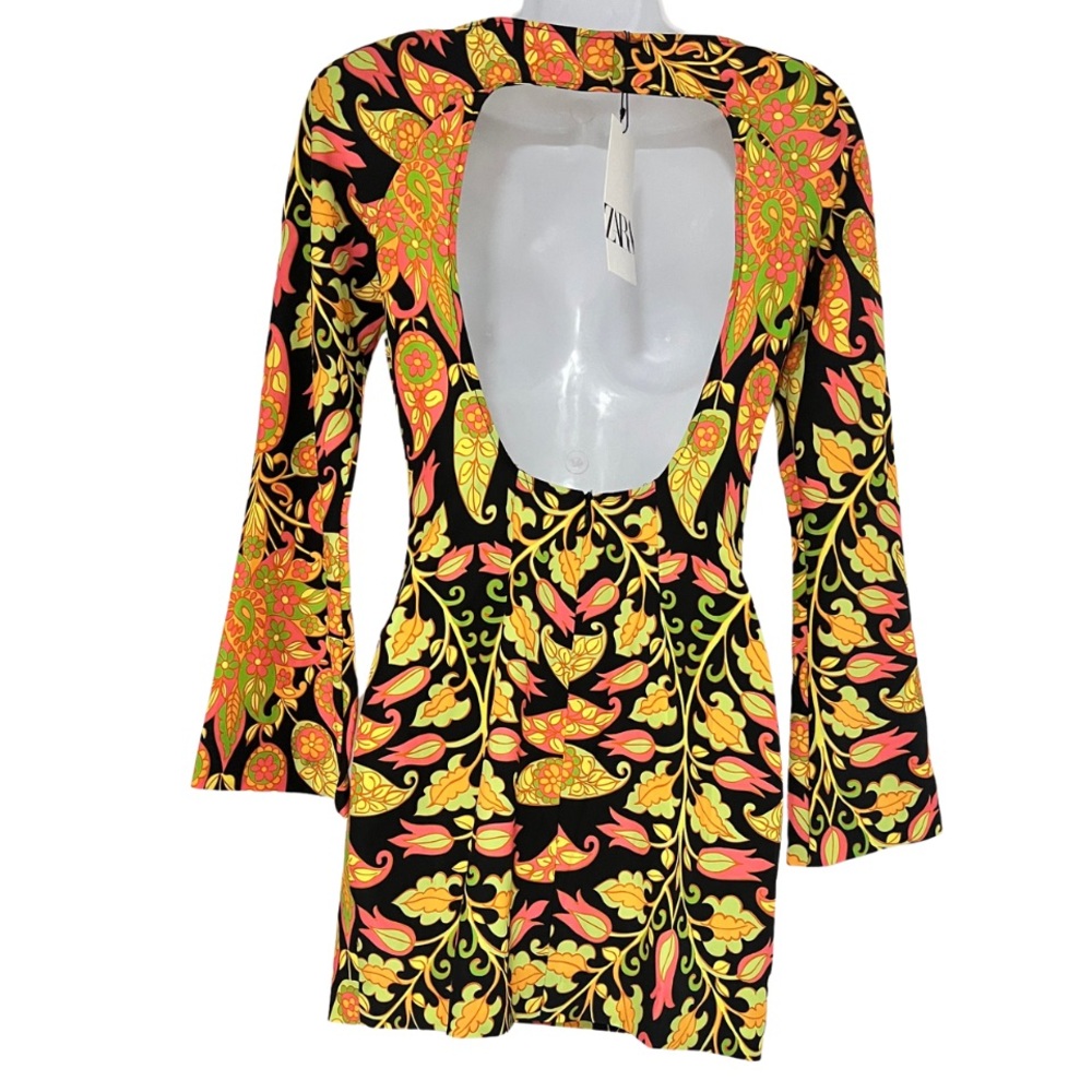 ZARA Mini Bodycon Floral Paisley Dress Bell Sleeve Cutout Multicolor - Picture 6 of 9